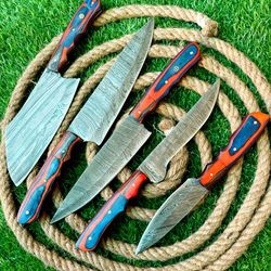 5-piece handmade damascus steel chef knife set | wooden handles with leather sheath