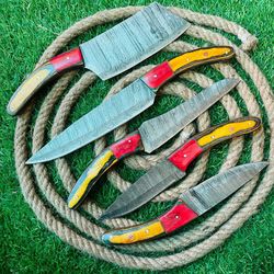 5-piece handmade damascus steel chef knife set | wooden