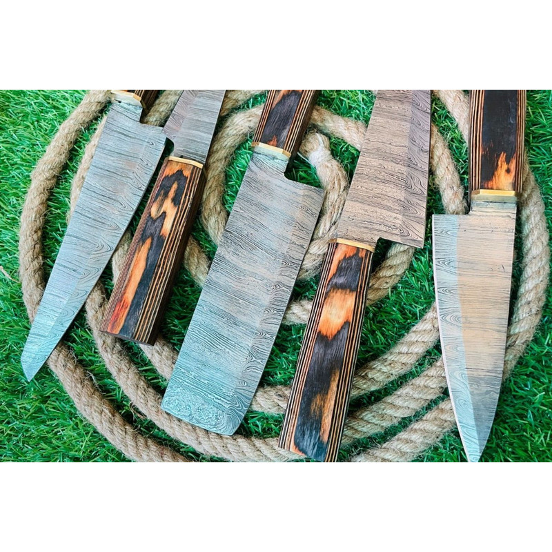 Elite 5Piece Handmade Damascus Steel Chef Knife Set Ergonomic Wooden Handles Leather Sheath Prof 1
