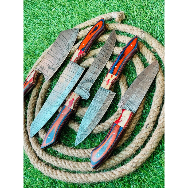 Luxury 5Piece Damascus Steel Chef Knife Set Handmade Kitchen Cutlery With Wooden Handles Leather 1