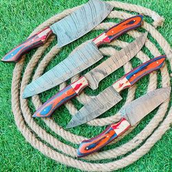 luxury 5-piece damascus steel chef knife set | handmade kitchen cutlery with wooden handles & leather case