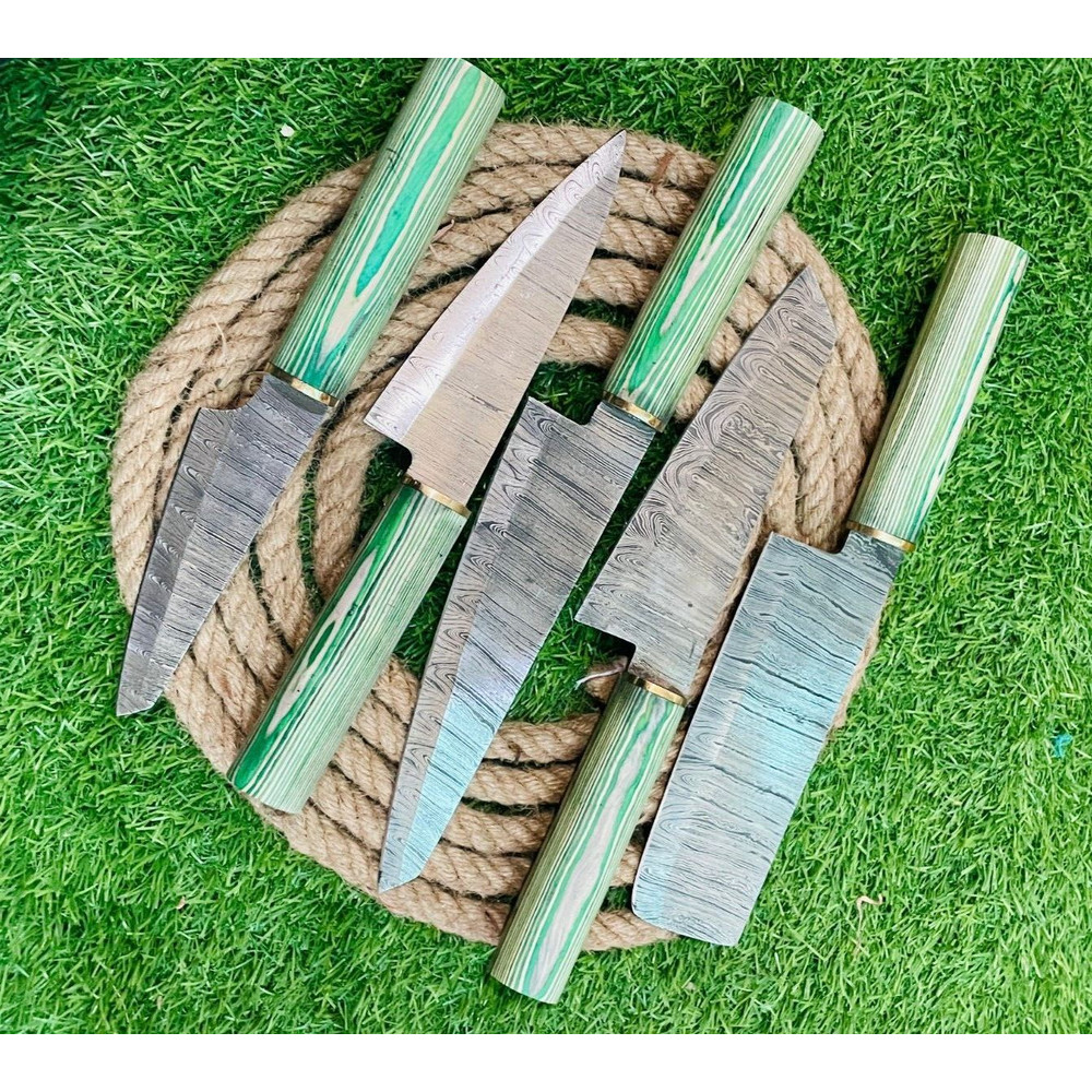 5Piece Handmade Damascus Steel Chef Knife Set Rat Tail Tang With Wooden Handles Leather Sheath P 0