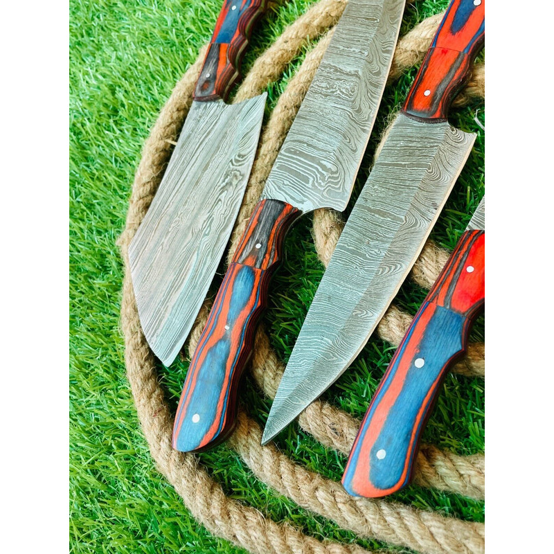 Premium 5Piece Handmade Damascus Steel Chef Knife Set Ergonomic Wooden Handles Leather Sheath 1