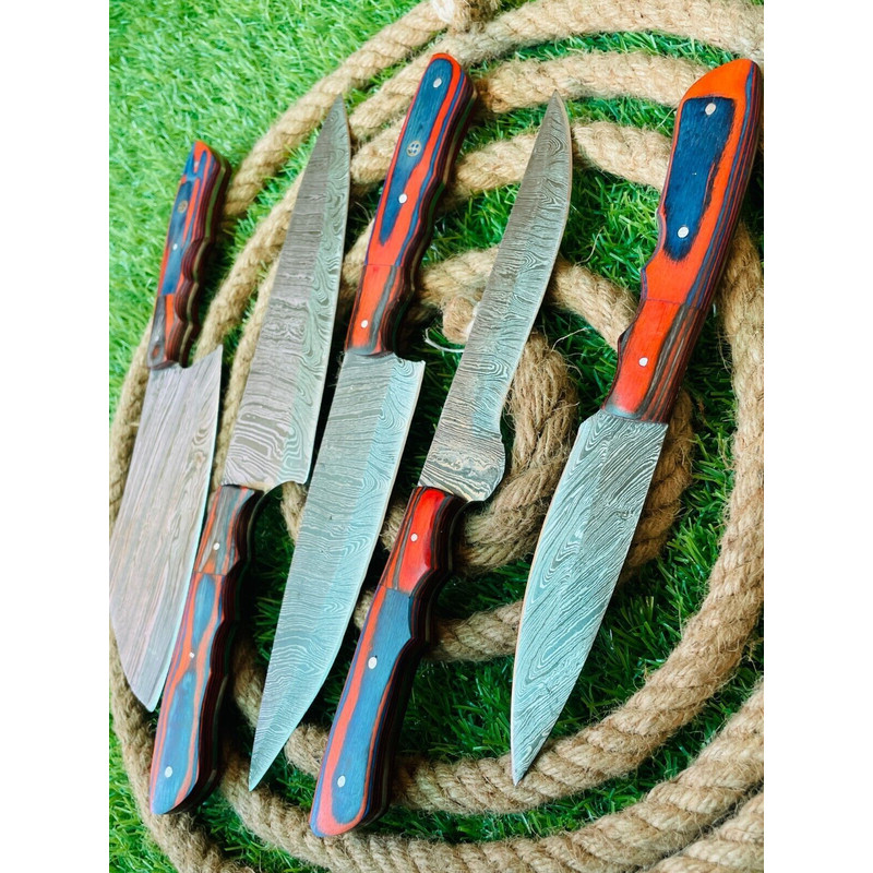 Premium 5Piece Handmade Damascus Steel Chef Knife Set Ergonomic Wooden Handles Leather Sheath 2