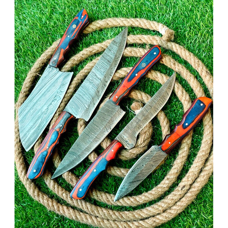 Premium 5Piece Handmade Damascus Steel Chef Knife Set Ergonomic Wooden Handles Leather Sheath 0
