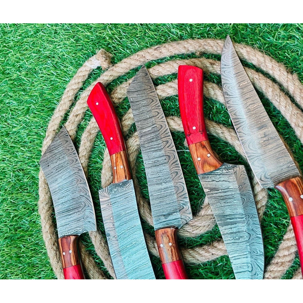 Custom Handmade Damascus Steel 5Piece Chef Knife Set Full Tang Wooden Handles With Leather Bag Pr 2