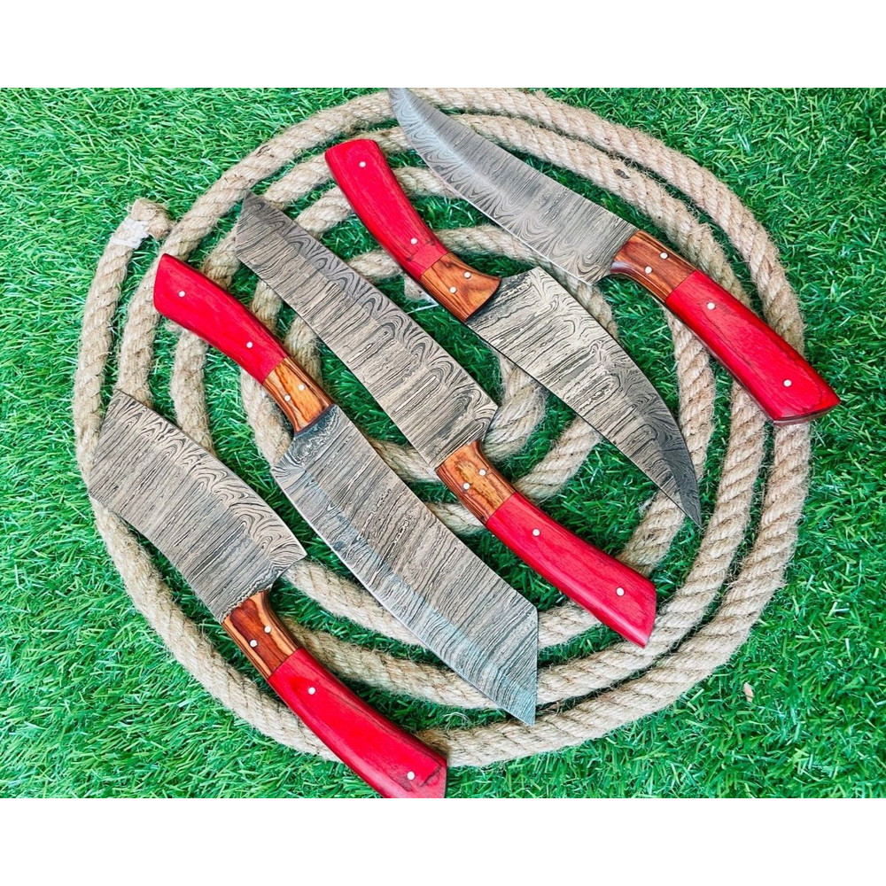 Custom Handmade Damascus Steel 5Piece Chef Knife Set Full Tang Wooden Handles With Leather Bag Pr 0