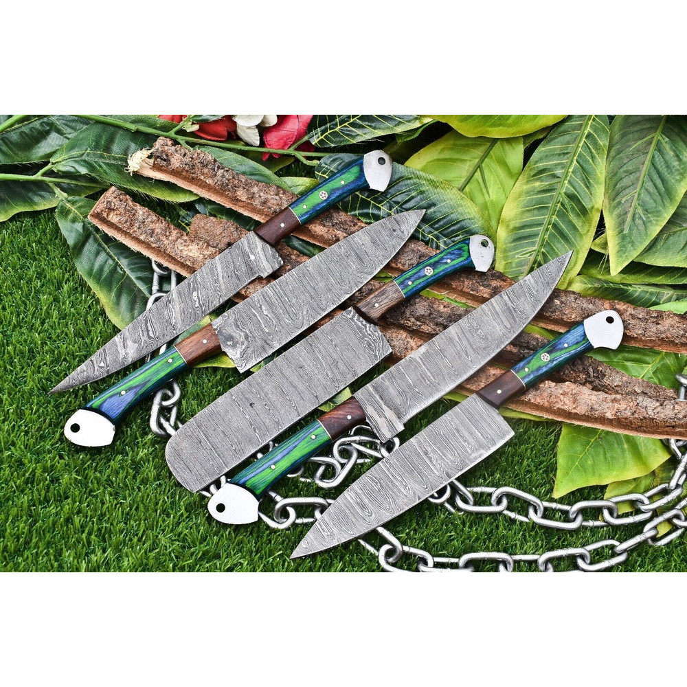 Luxury 5Piece Handmade Damascus Steel Chef Knife Set Ergonomic Wooden Handles With Rat Tail Tang 0