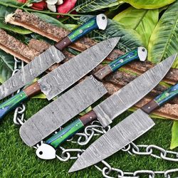 luxury 5-piece handmade damascus steel chef knife set | ergonomic wooden handles with rat tail tang & leather sheath