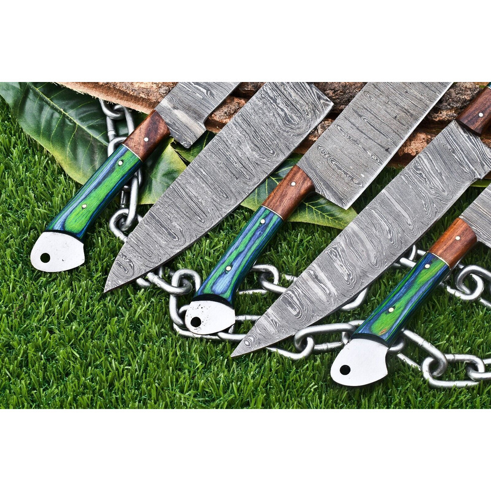 Luxury 5Piece Handmade Damascus Steel Chef Knife Set Ergonomic Wooden Handles With Rat Tail Tang 2
