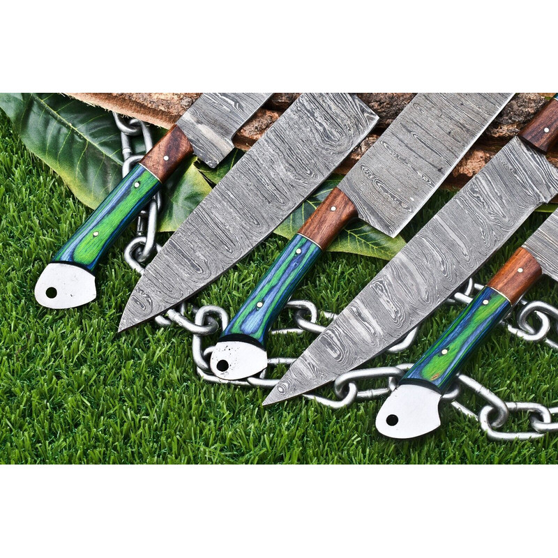 Luxury 5Piece Handmade Damascus Steel Chef Knife Set Ergonomic Wooden Handles With Rat Tail Tang 2