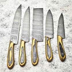 superb custom lot of 5 handmade hammered damascus steel chef knives | full tang blades with polished handles