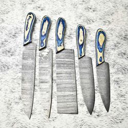 custom lot of 5 handmade hammered damascus steel chef knives | full tang blades with polished handles