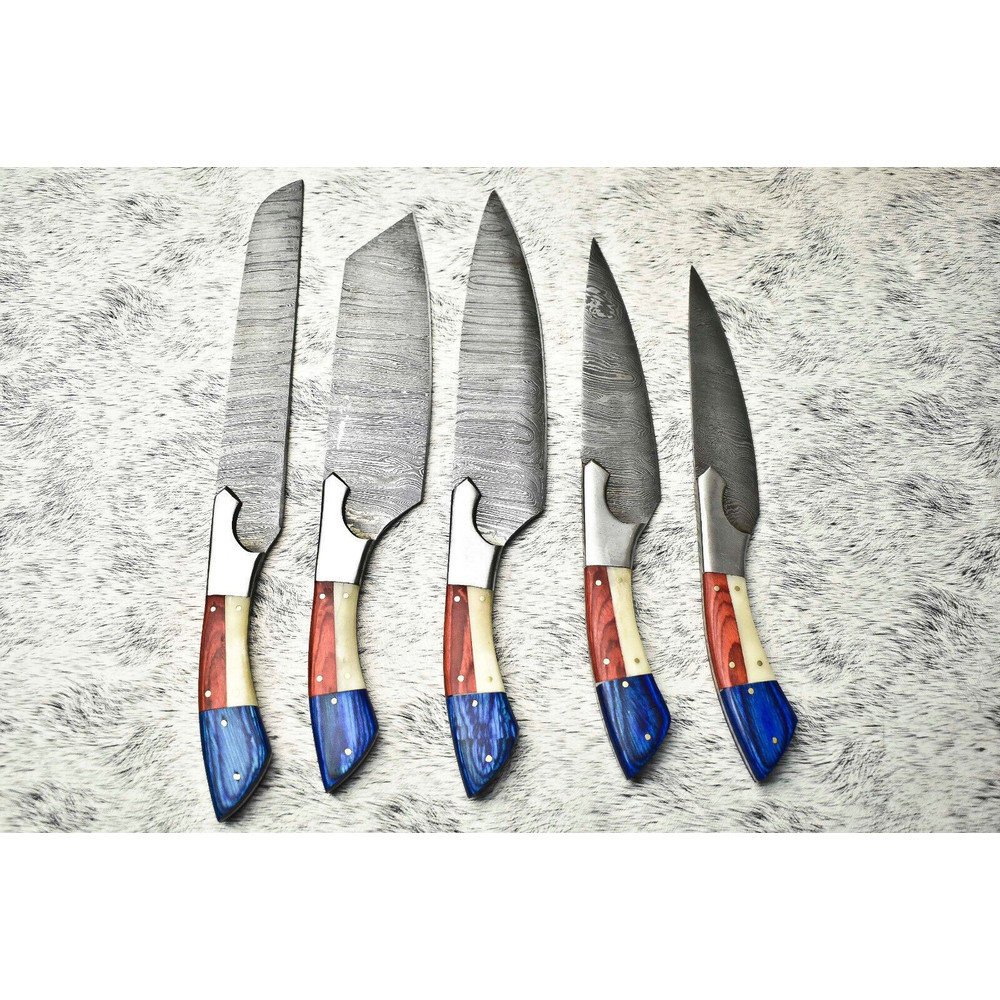 Rare Custom Lot Of 5 Handmade Hammered Damascus Steel Chef Knives Full Tang Blades With Polished H