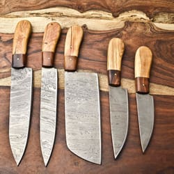 5 piece damascus steel knife set with leather roll – handcrafted chef knives, ideal kitchen gift set