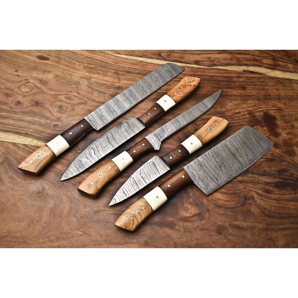 Lot Of 5 Handmade Damascus Steel Blade Chef Knife Set Full Tang Blades With Polished Handles 0