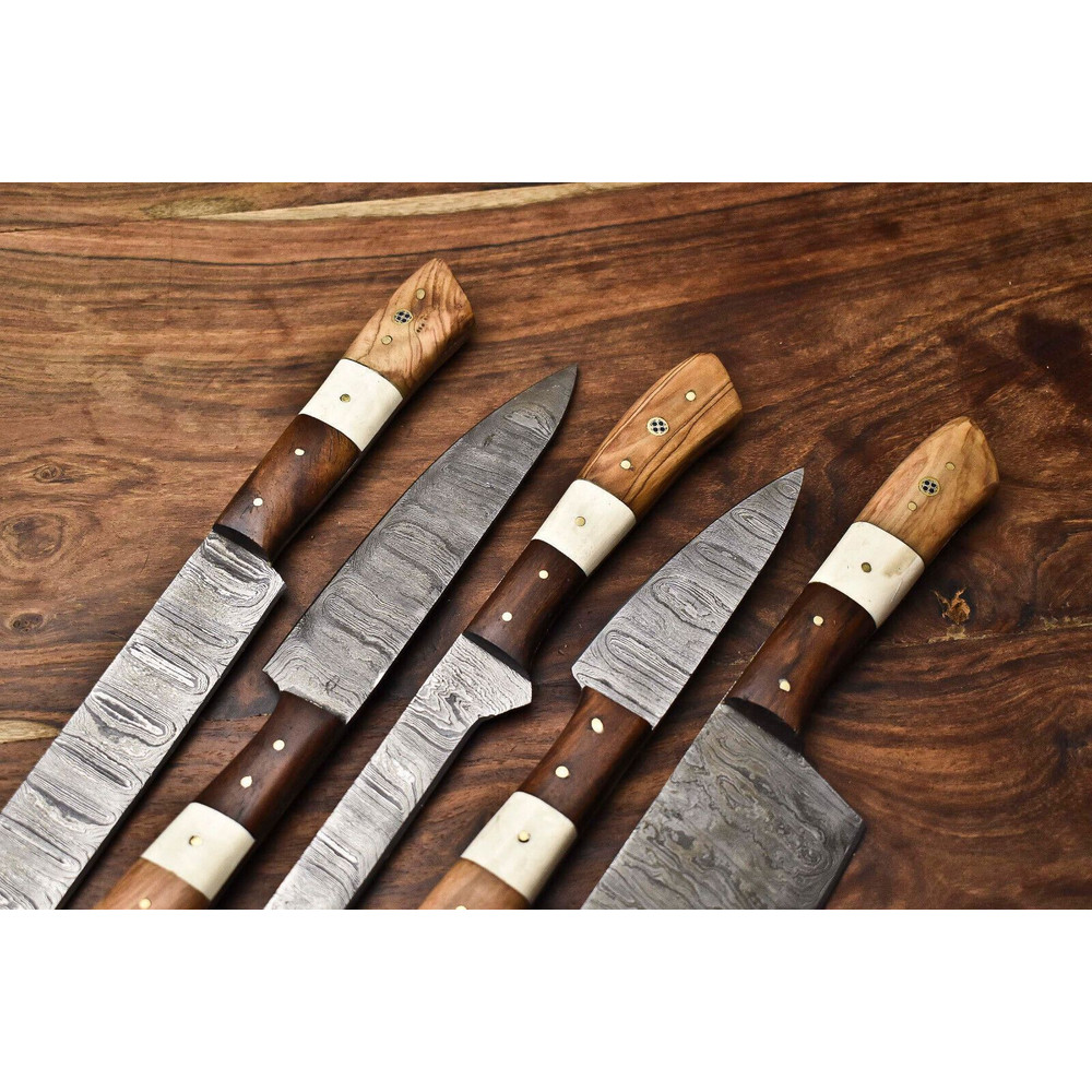 Lot Of 5 Handmade Damascus Steel Blade Chef Knife Set Full Tang Blades With Polished Handles 1