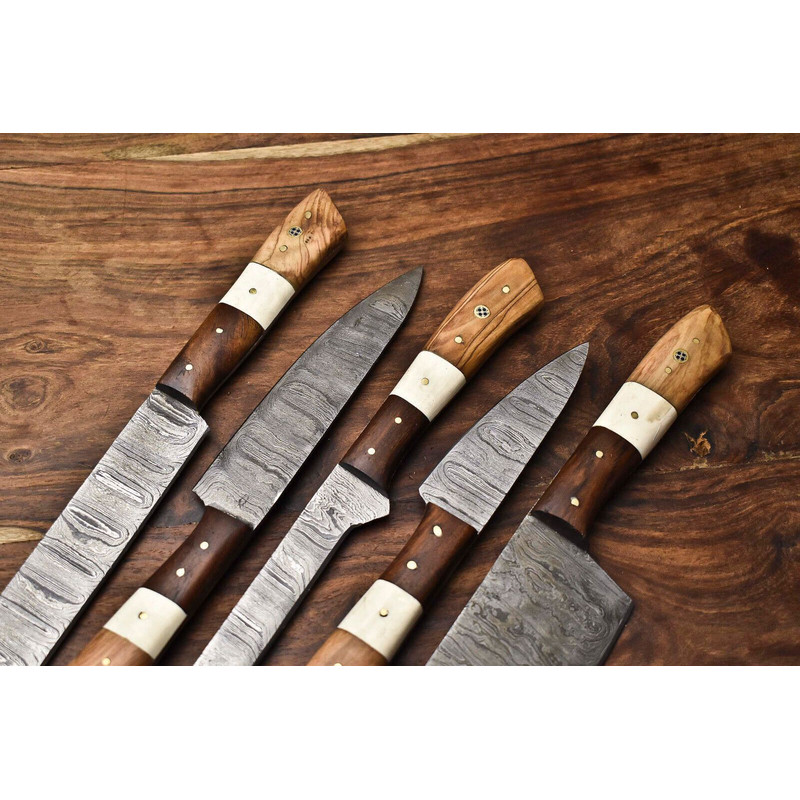 Lot Of 5 Handmade Damascus Steel Blade Chef Knife Set Full Tang Blades With Polished Handles 1