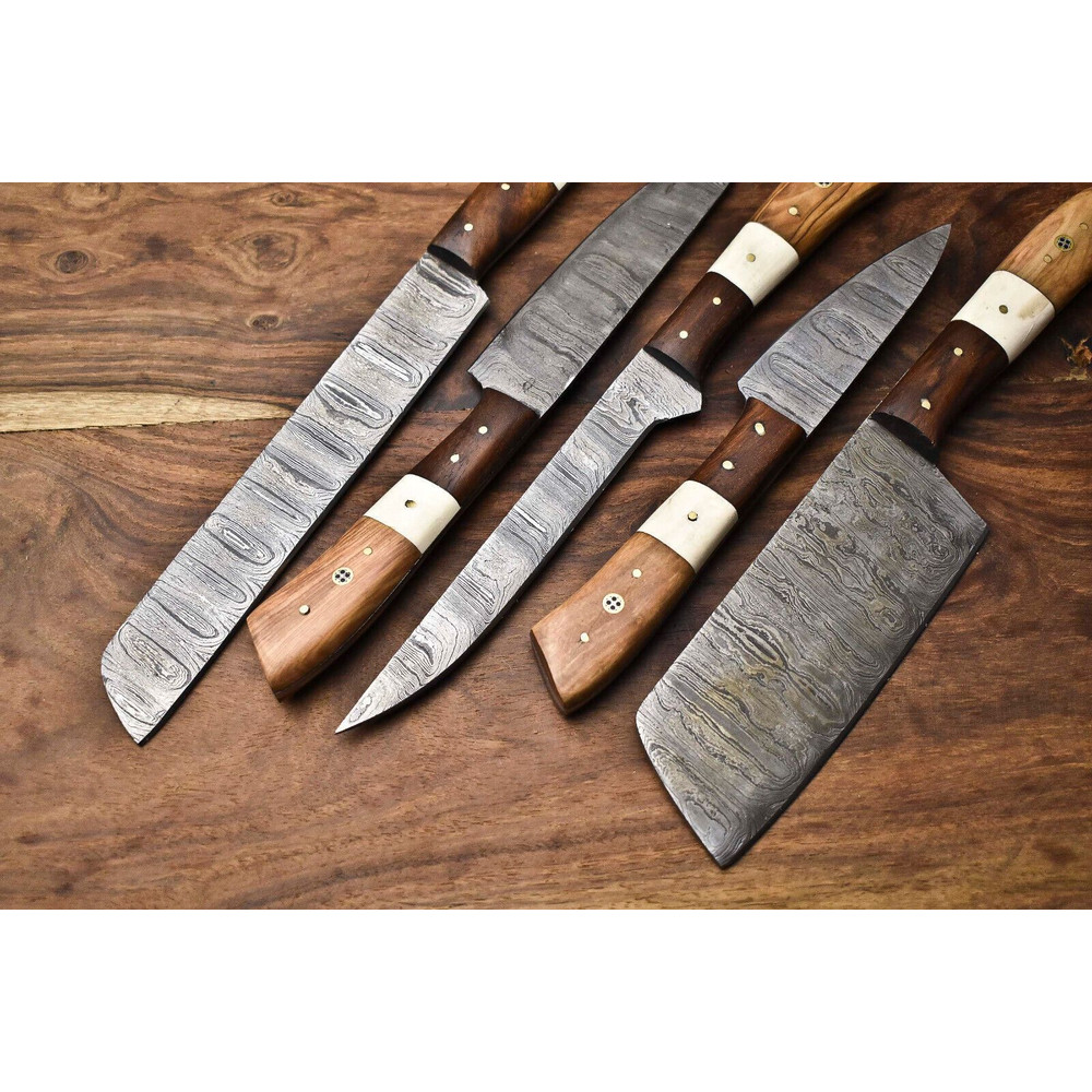 Lot Of 5 Handmade Damascus Steel Blade Chef Knife Set Full Tang Blades With Polished Handles 2