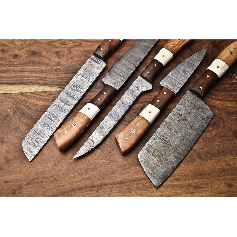 Lot Of 5 Handmade Damascus Steel Blade Chef Knife Set Full Tang Blades With Polished Handles 2