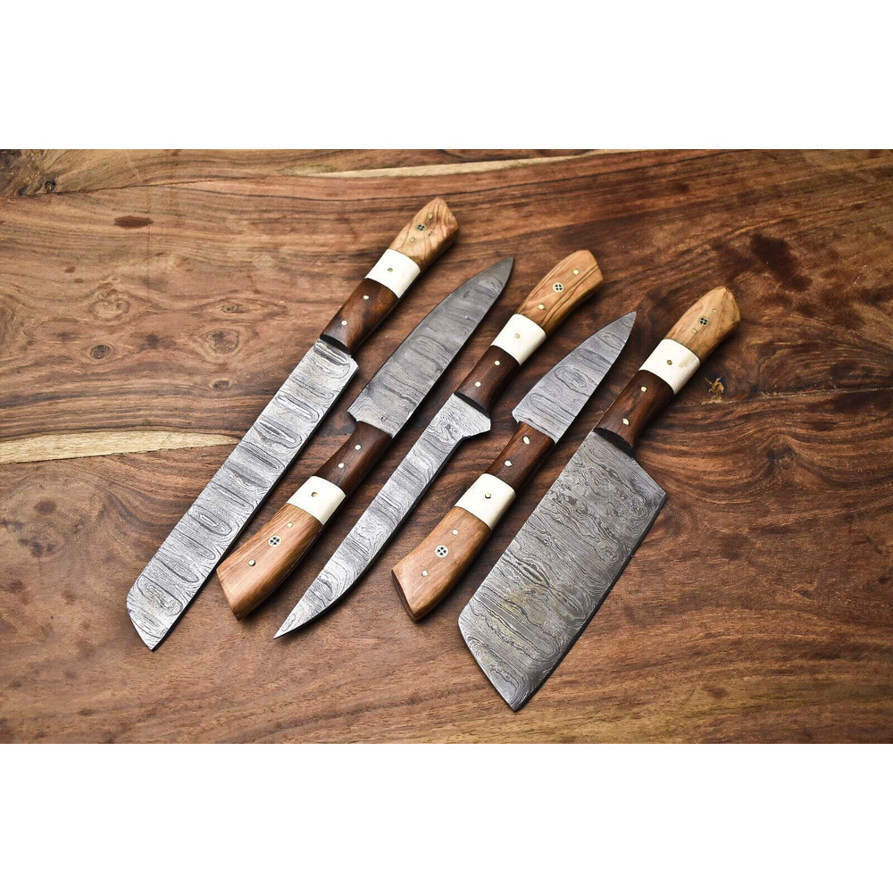 Lot Of 5 Handmade Damascus Steel Blade Chef Knife Set Full Tang Blades With Polished Handles 3
