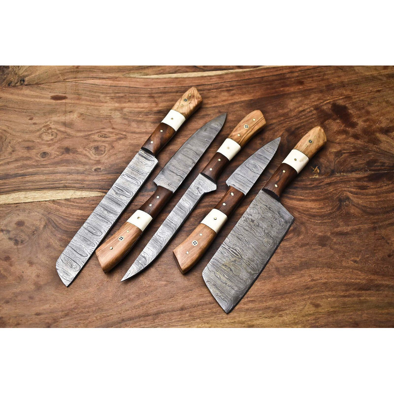 Lot Of 5 Handmade Damascus Steel Blade Chef Knife Set Full Tang Blades With Polished Handles 3