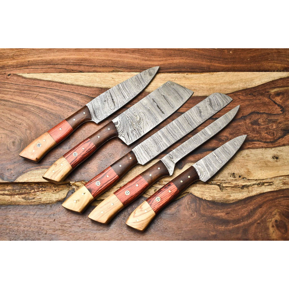 Lot Of 5 Handmade Damascus Steel Blade Chef Knife Set Full Tang Blades 0