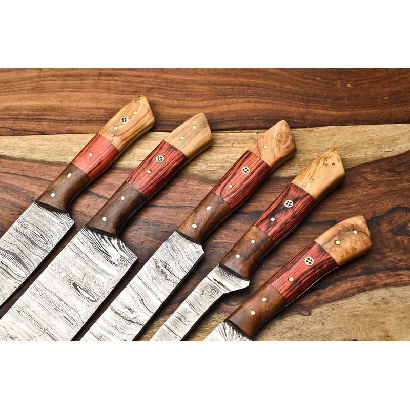 Lot Of 5 Handmade Damascus Steel Blade Chef Knife Set Full Tang Blades 1