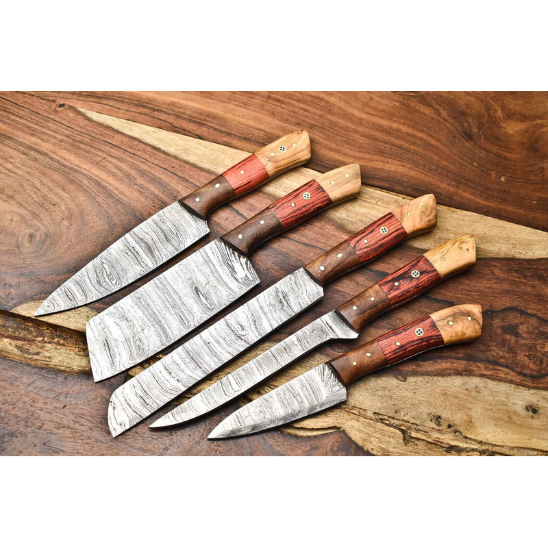 Lot Of 5 Handmade Damascus Steel Blade Chef Knife Set Full Tang Blades 3