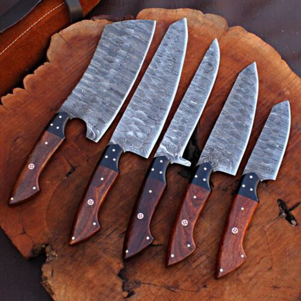 Premium Handmade Damascus Steel Chef Knife Set With Leather Bag Full Tang Kitchen Hunting Knives 2