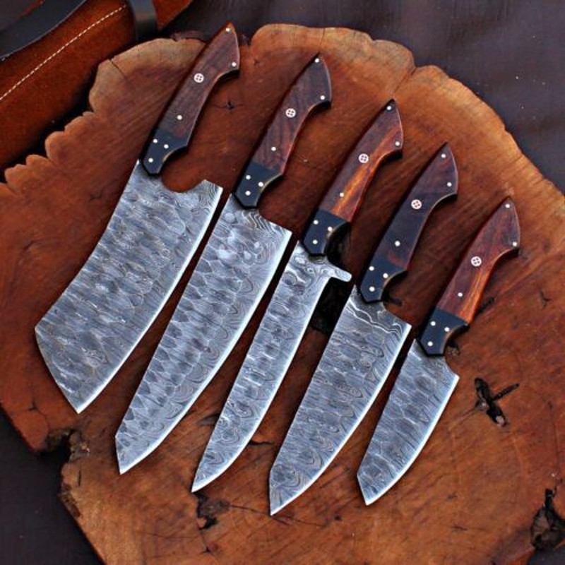 Premium Handmade Damascus Steel Chef Knife Set With Leather Bag Full Tang Kitchen Hunting Knives 0