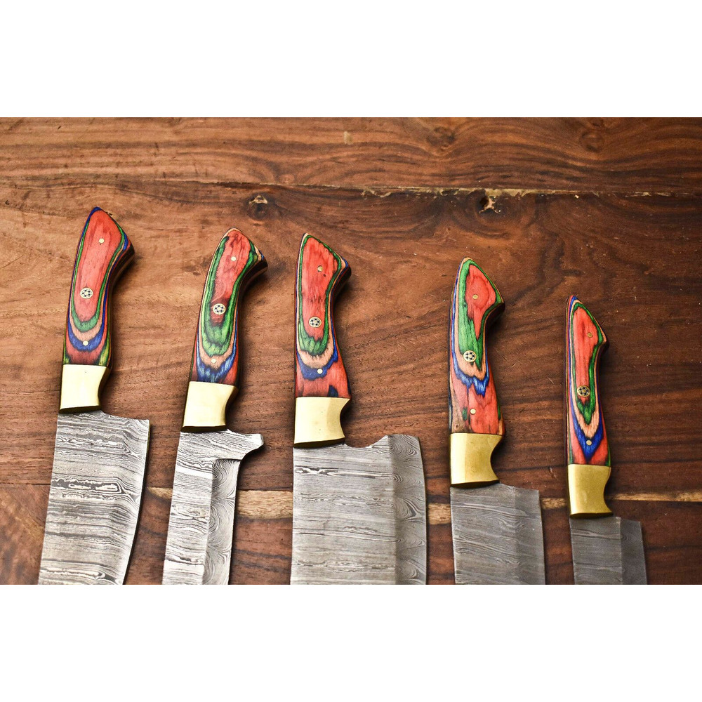 Custom Lot Of 5 Handmade Hammered Damascus Steel Chef Knives Set 1013 Blades Full Tang Razor Sharp 1