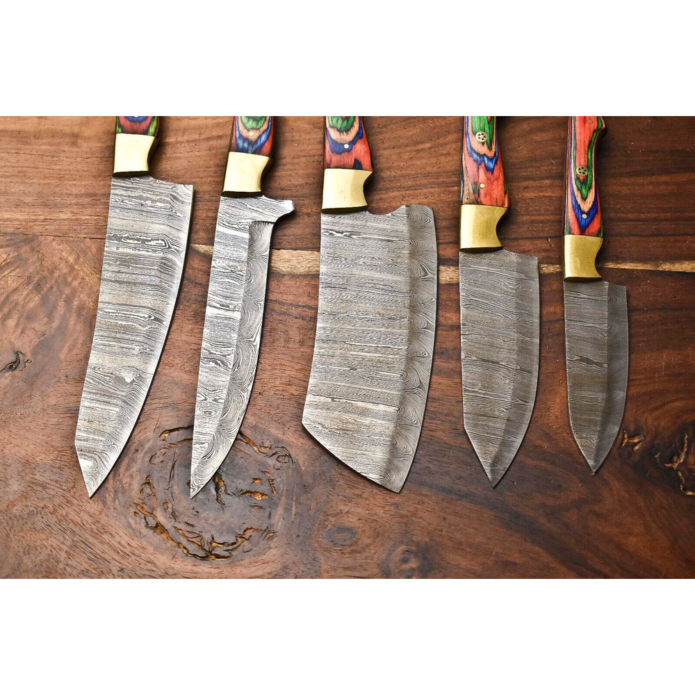 Custom Lot Of 5 Handmade Hammered Damascus Steel Chef Knives Set 1013 Blades Full Tang Razor Sharp 2