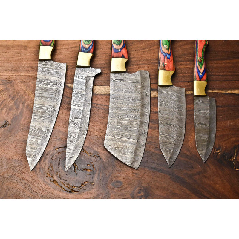 Custom Lot Of 5 Handmade Hammered Damascus Steel Chef Knives Set 1013 Blades Full Tang Razor Sharp 2