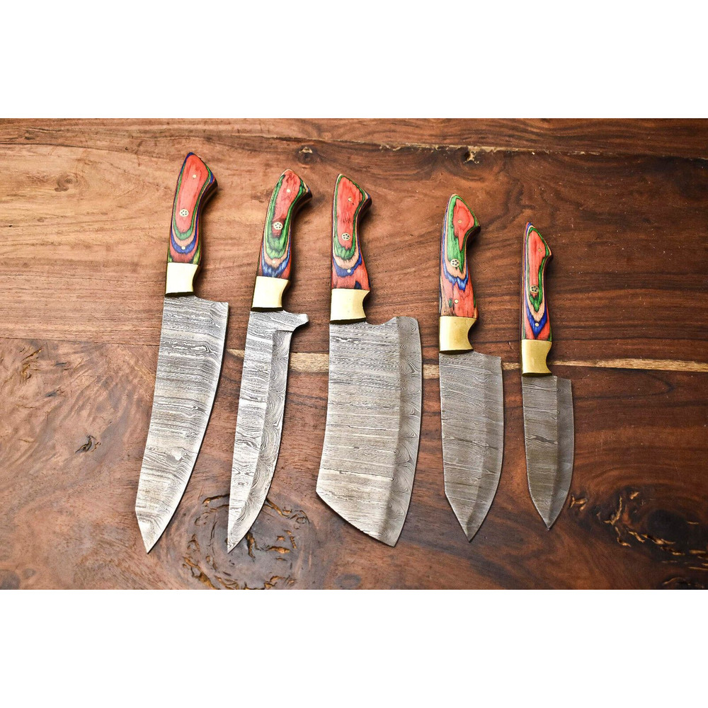 Custom Lot Of 5 Handmade Hammered Damascus Steel Chef Knives Set 1013 Blades Full Tang Razor Sharp 0