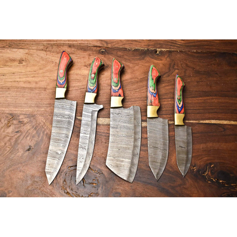 Custom Lot Of 5 Handmade Hammered Damascus Steel Chef Knives Set 1013 Blades Full Tang Razor Sharp 0