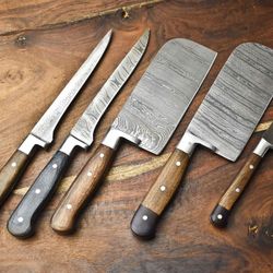 custom lot of 5 handmade hammered damascus steel chef knives set | 10"-13" blades