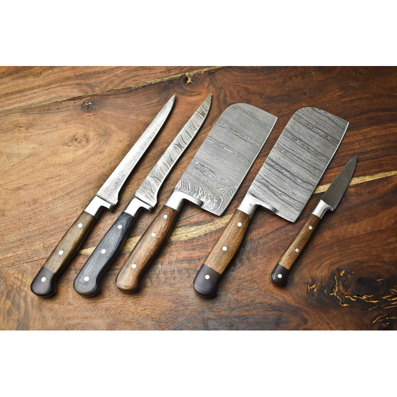 Custom Lot Of 5 Handmade Hammered Damascus Steel Chef Knives Set 1013 Blades 0