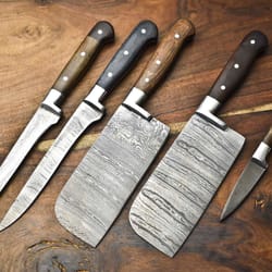 custom hand-forged damascus 5pc knife set – perfect chef tools with natural wood handles