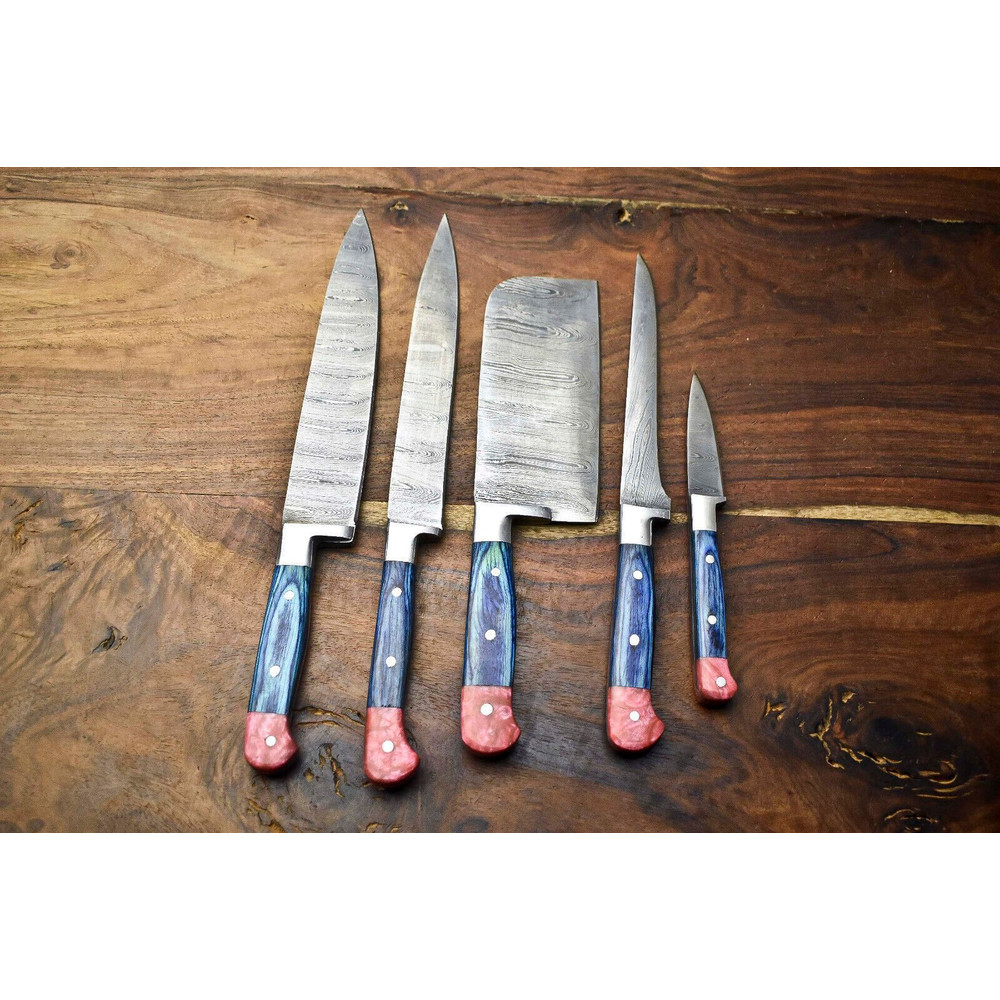 Lot Of 5 Handmade Damascus Steel Chef Knives Set 1013 Blades Hammered Full Tang 0