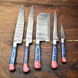 lot of 5 handmade damascus steel chef knives set | 10"-13" blades, hammered full tang