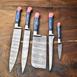 5 piece damascus kitchen knife collection – professional cooking set, chef gift, handmade