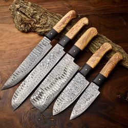 custom lot of 5 handmade hammered damascus steel chef knives set | 10"-13" full tang blades