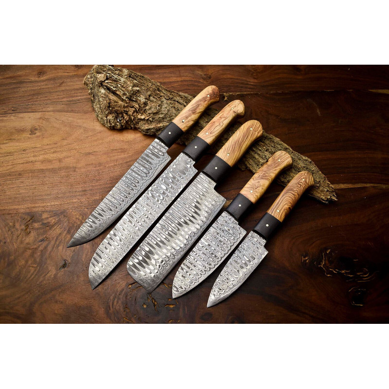 Custom Lot Of 5 Handmade Hammered Damascus Steel Chef Knives Set 1013 Full Tang Blades 0