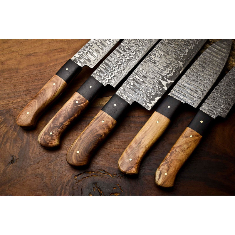 Custom Lot Of 5 Handmade Hammered Damascus Steel Chef Knives Set 1013 Full Tang Blades 1