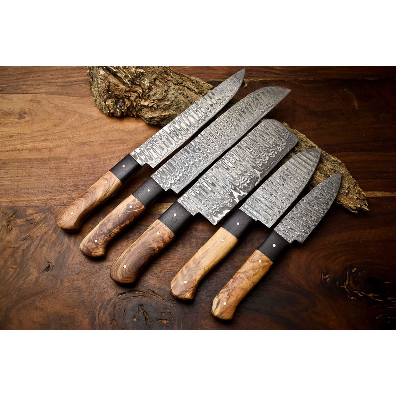 Custom Lot Of 5 Handmade Hammered Damascus Steel Chef Knives Set 1013 Full Tang Blades 2