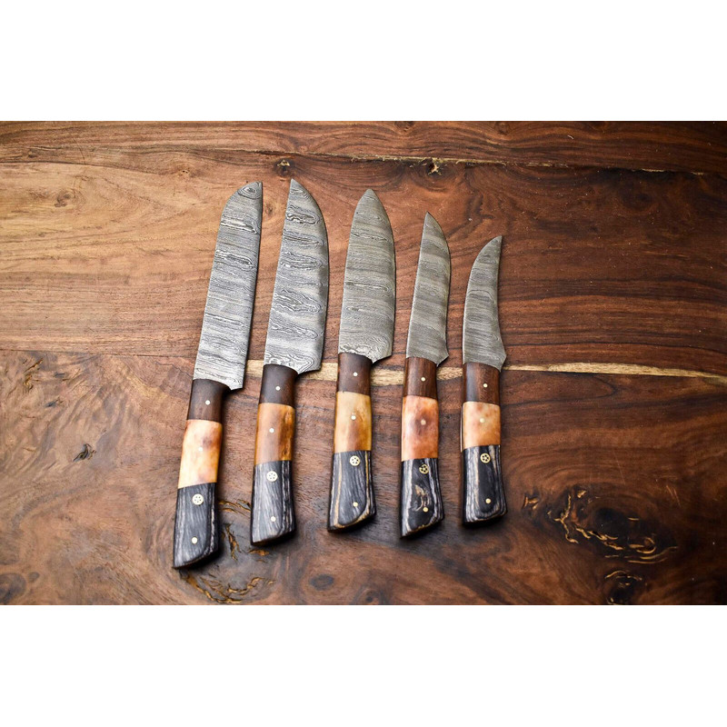 Lot Of 5 Handmade Damascus Steel Chef Knives Set Hammered Full Tang Blades 1013 Razor Sharp 0