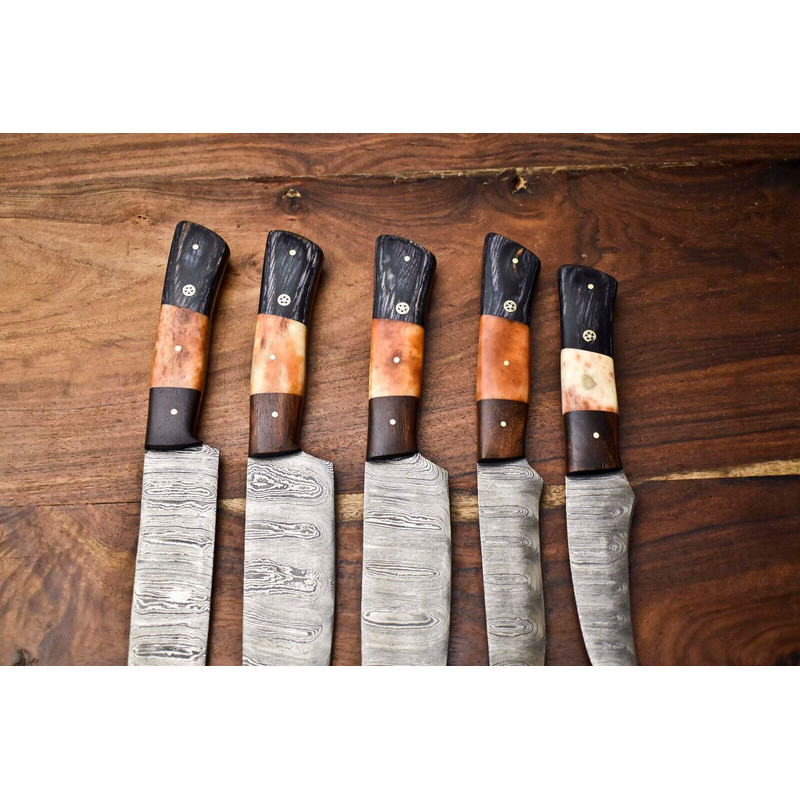 Lot Of 5 Handmade Damascus Steel Chef Knives Set Hammered Full Tang Blades 1013 Razor Sharp 1