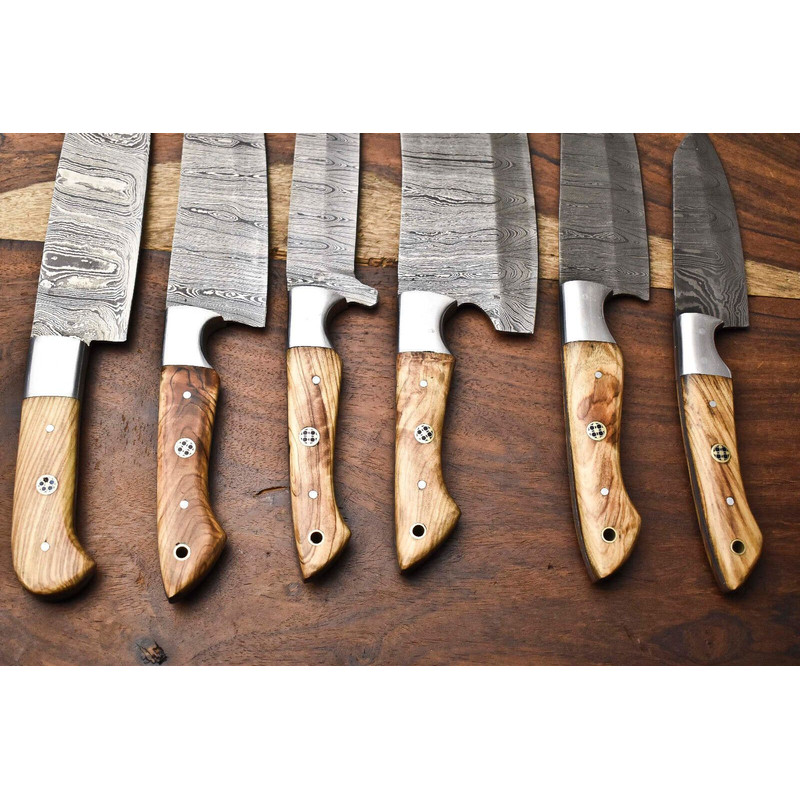 Custom Lot Of 6 Handmade Hammered Damascus Steel Chef Knives Set Full Tang Razor Sharp Blades 1