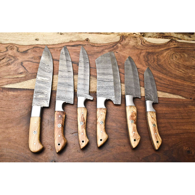 Custom Lot Of 6 Handmade Hammered Damascus Steel Chef Knives Set Full Tang Razor Sharp Blades 0